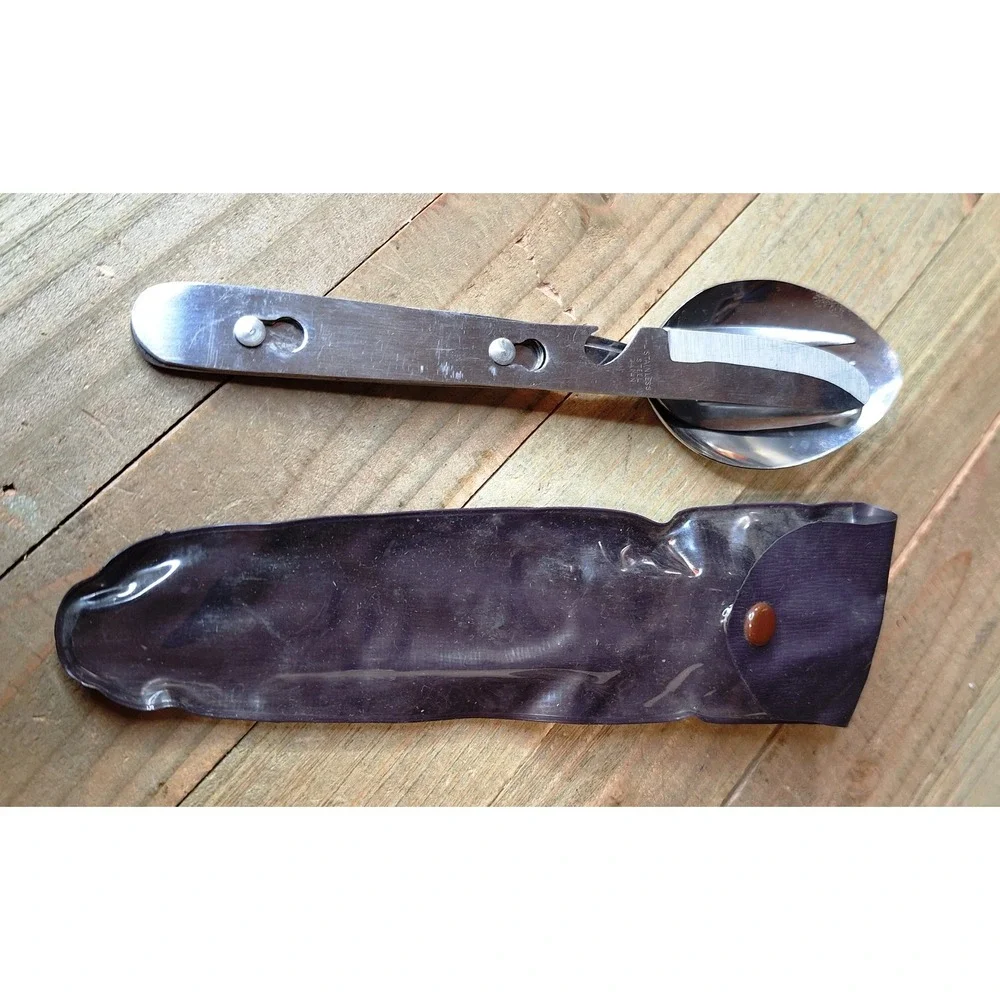 Vintage Japan Stainless Steel 3pc Interlocking Camping Hobo Utensil Set Case